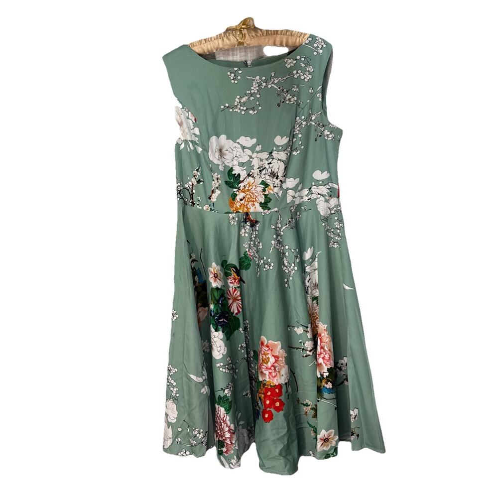 GRACE KARIN Boatneck Sleeveless Vintage Tea Dress Size XL Green Floral